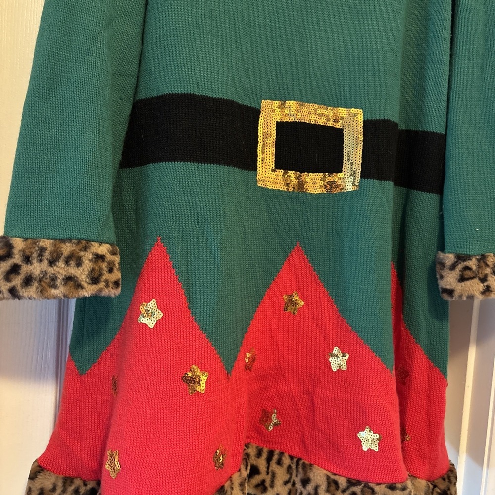 Womens 1X 16/18‎ Red Green Leopard Print Fuzzy Trim Elf Christmas Sweater Dress - Picture 2 of 5